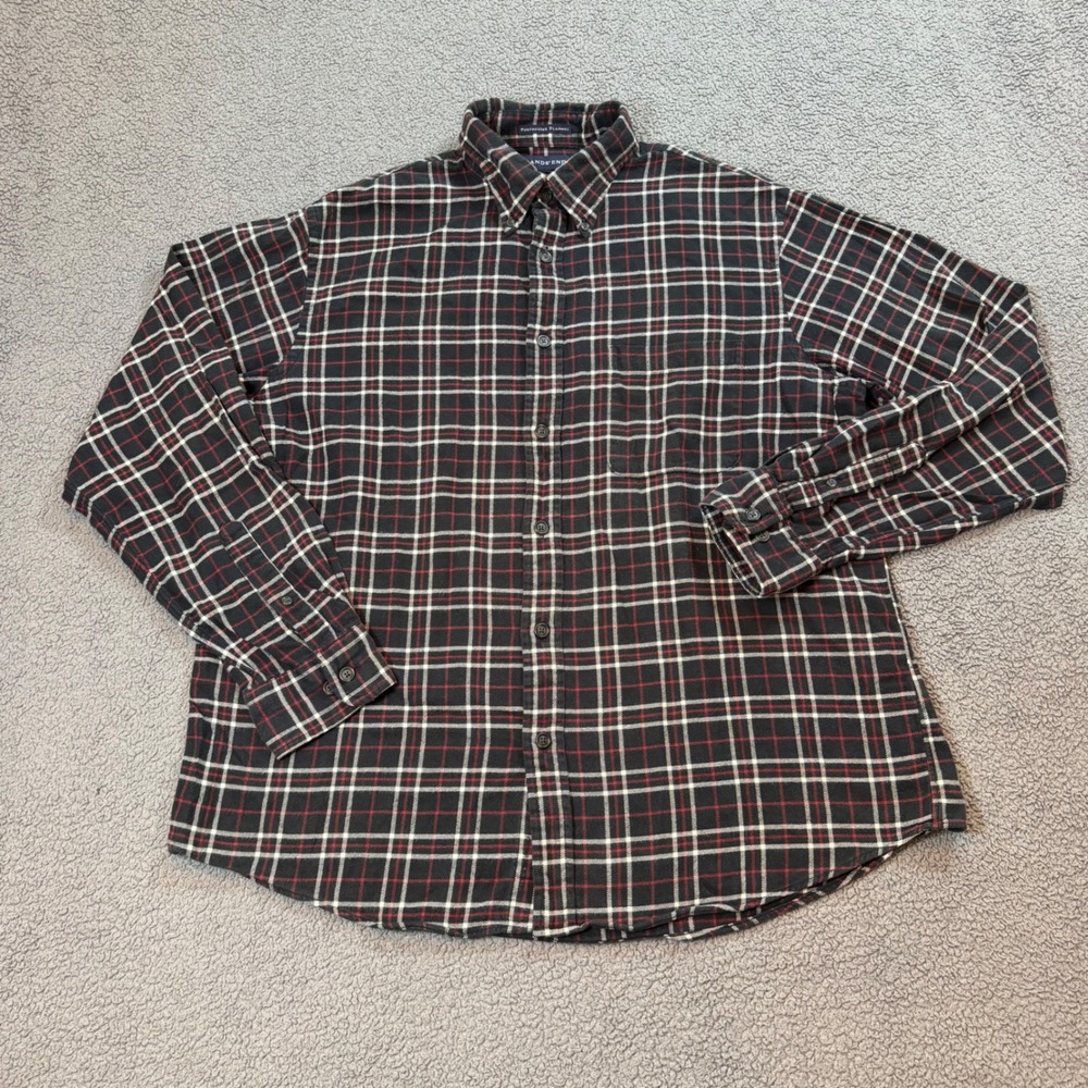 Lands End Portuguese Flannel Shirt Mens Large Black Red Plaid Button Down Cotton